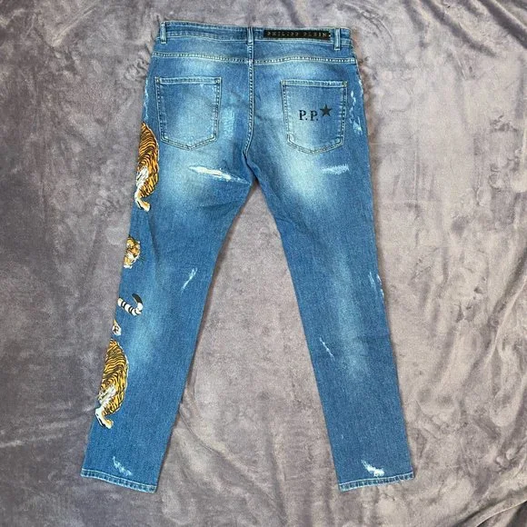 Philipp Plein Men's Blue Straight Leg Tiger Jeans - Picture 6 of 8